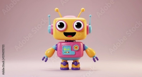 Fototapeta Colorful and cheerful cartoon robot character with a joyful expression against a soft background