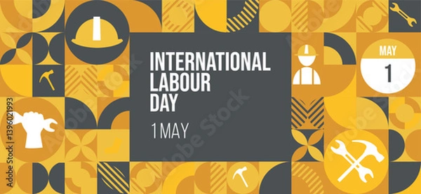 Fototapeta International Labour Day pattern Design. 1 May International Labor Day vector design with a hammer tools and safety helmet in yellow color background. 1st of May. Vector Illustration.