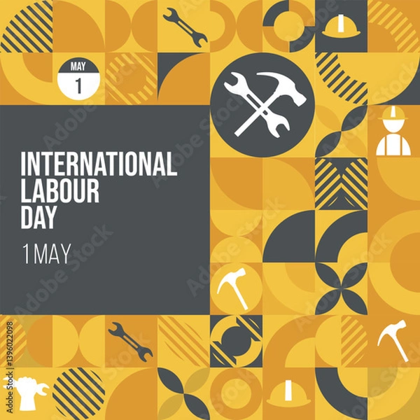Fototapeta International Labour Day pattern Design. 1 May International Labor Day vector design with a hammer tools and safety helmet in yellow color background. 1st of May. Vector Illustration.