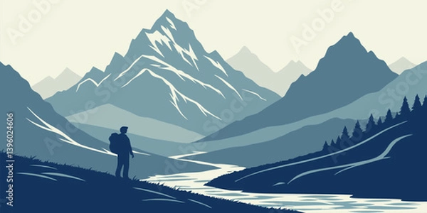 Fototapeta Digital Illustration Art Sunset landscape vector Mountain peak view graphics drawing Flat 2d vector