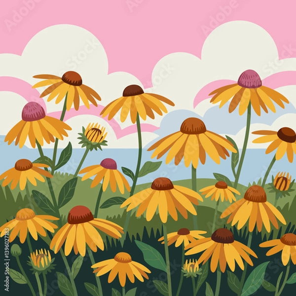Obraz Midwest Coneflowers in Bloom – Vibrant Flat Design Art