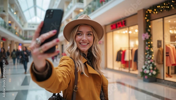 Fototapeta Young woman smiling while taking a selfie in a shopping mall  