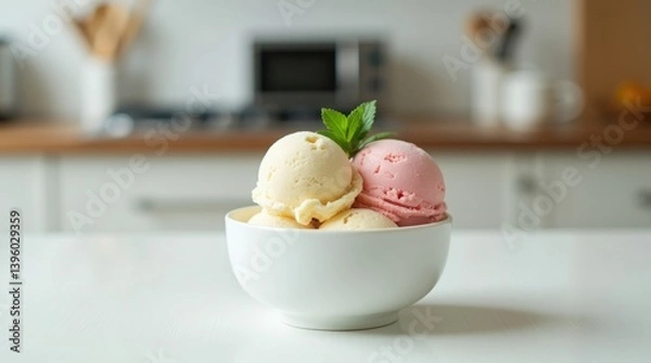 Obraz Bowl of delicious vanilla and strawberry ice cream scoops garnished with mint leaves, served in a modern kitchen setting