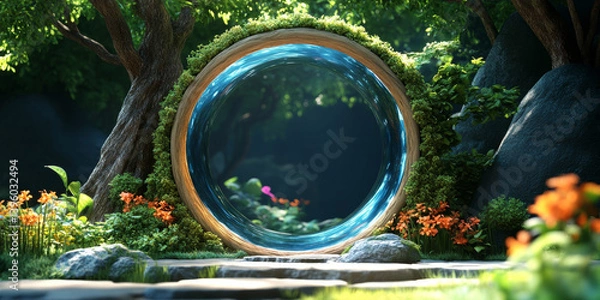 Fototapeta Magical Forest Portal Surrounded by Flowers – Fantasy Gateway to Another World in Enchanted Nature Setting