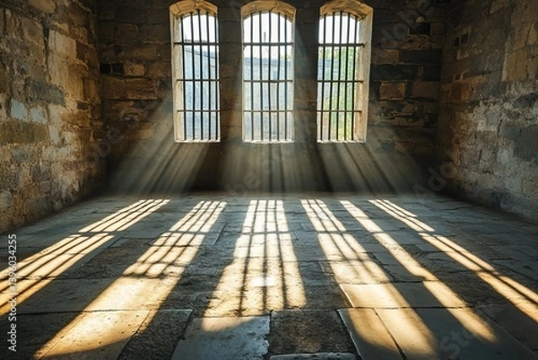 Fototapeta Sunlight filters through a historic prison cell, casting shadows on the stone floor