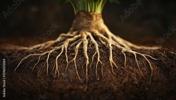 Obraz Plant Roots in Soil Closeup Shows Structure and Growth Underground