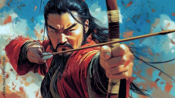 Fototapeta Genghis Khan aiming arrow in dramatic pose, dynamic pop art style, fierce Mongol warrior illustration with bold colors and motion blur effect
