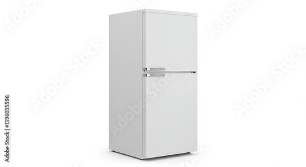 Fototapeta Modern White Refrigerator Isolated - Sleek, modern refrigerator, clean lines, energy efficient, spacious storage, kitchen appliance. Symbolize: coolness, freshness, efficiency, storage, convenience