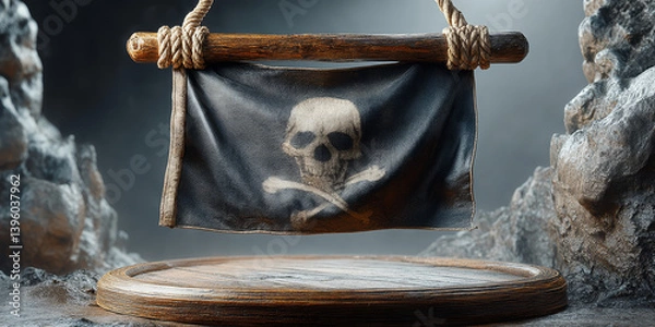 Fototapeta Pirate Skull Flag Hanging on Wooden Frame – Jolly Roger Symbol in Dramatic Nautical Setting
