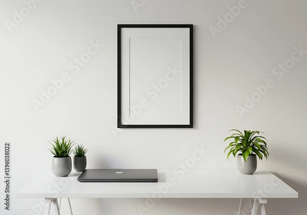 Fototapeta Black frame mockup on white wall with laptop and plants for decoration