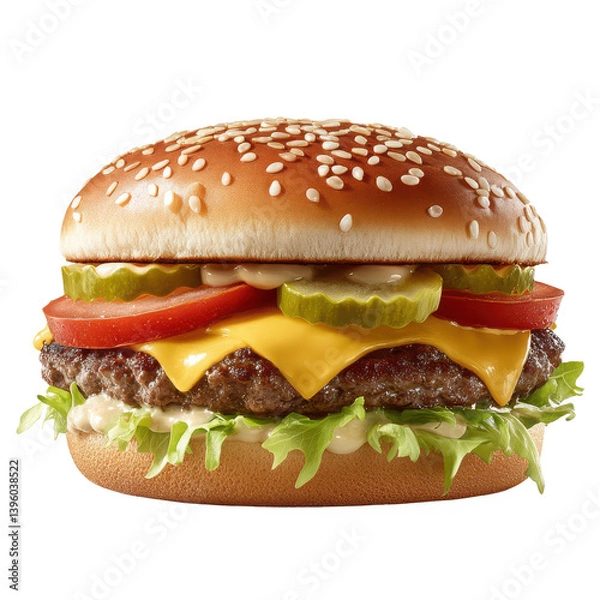 Fototapeta A close up shot of a hamburger with sesame seeds on the bun top layer on transparent background