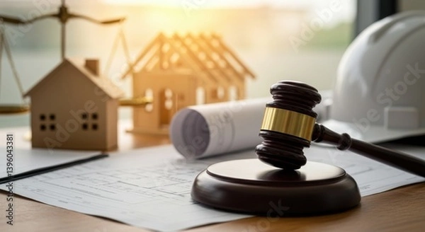 Fototapeta A gavel and scales of justice with house models and a hard hat on a construction plan document