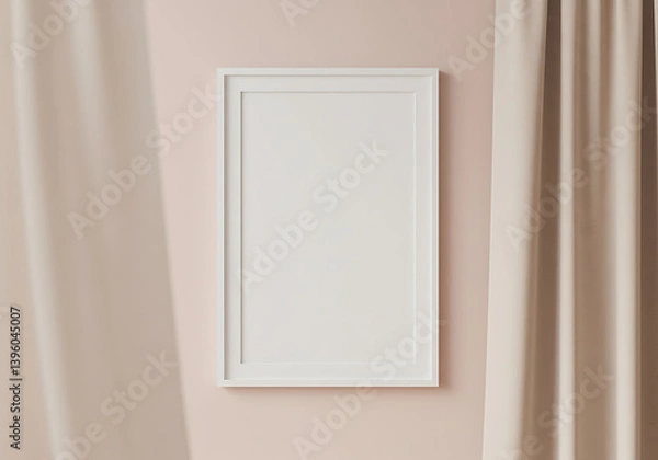 Fototapeta Minimalist white frame mockup on wall with beige curtain background