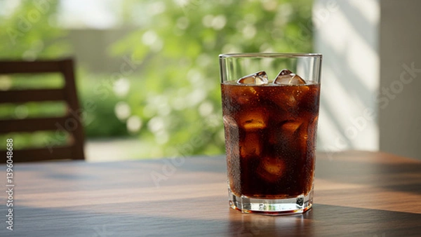Fototapeta coke in a clear glass with condensation, sitting on a trendy café table in summer.