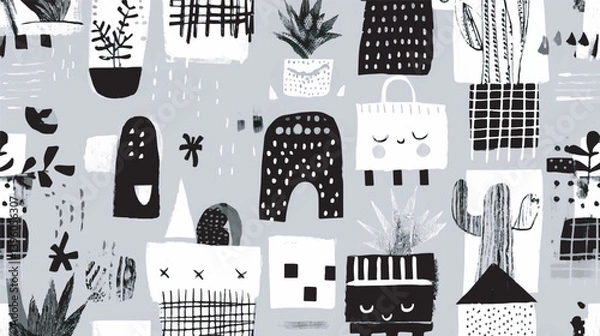 Fototapeta Stylized plants decorate seamless monochromatic patterns background design