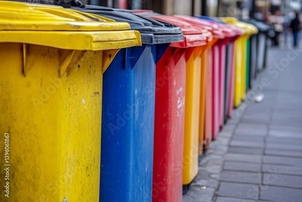 Fototapeta Vibrant row of colorful trash cans lining a city street in a close up photography shot