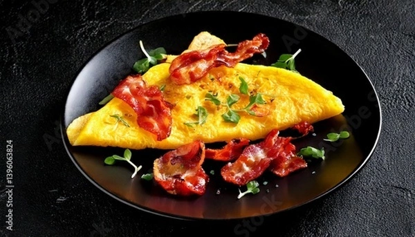 Fototapeta omelete delicioso com bacon e temperos sobre fundo preto