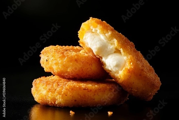 Fototapeta Delicious golden brown chicken nuggets with melted mozzarella cheese on a black background