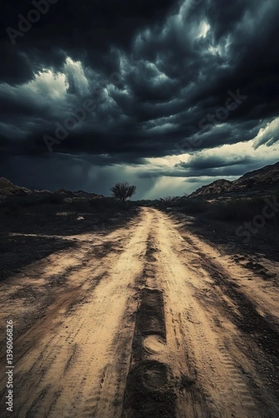 Fototapeta Dramatic view of a desert dirt road leading towards ominous dark storm clouds on the horizon : Generative AI