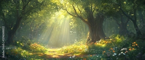 Obraz Sun Rays Shining Through Forest Path with Flowers and Butterflies