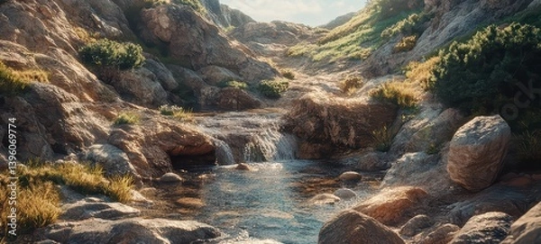 Fototapeta A small stream running through a rocky mountain landscape
