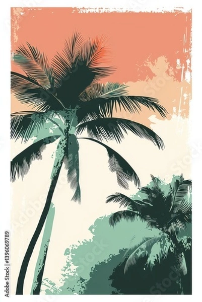 Obraz Tropical palm trees silhouetted against a vivid sunset gradient background