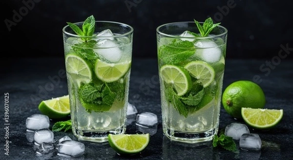 Fototapeta Two mojito cocktails with lime wedges and ice cubes on a dark background, garnished with fresh mint leaves