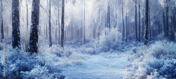 Fototapeta A snowy forest with glowing ice crystals
