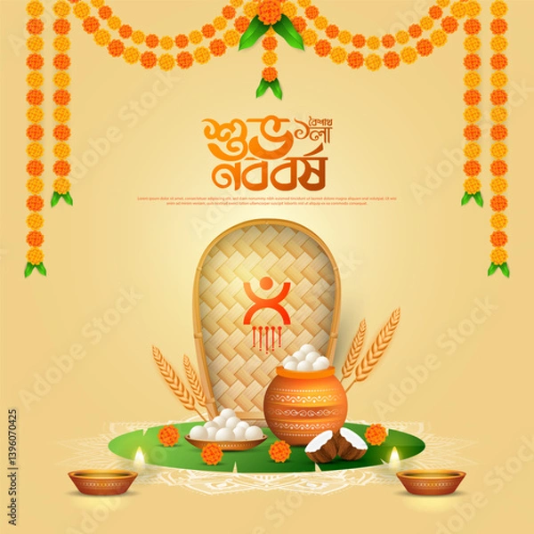Fototapeta Bengali Happy New Year, Pohela Boishakh - poster template design with kalash, bamboo tray and decorative diya lamp.