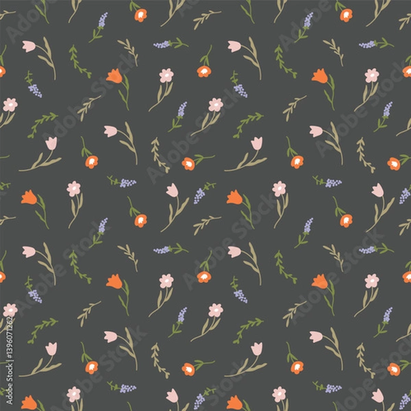 Fototapeta Seamless pattern with delicate spring flowers tulips on a gray background. Flat vector illustration