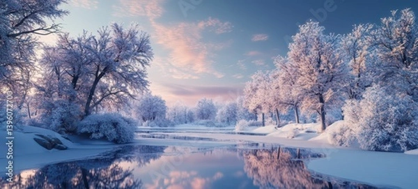 Fototapeta A winter aurora with snow-covered trees and a frozen lake