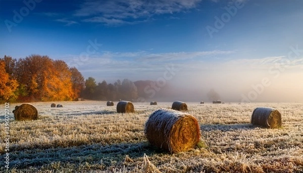 Fototapeta Ground frost on a field with hay bales and autumn fog
