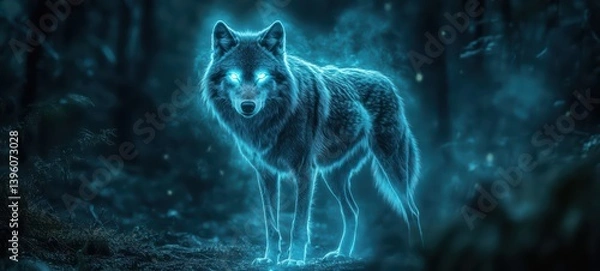 Fototapeta A wolf with a glowing aura standing in a clearing