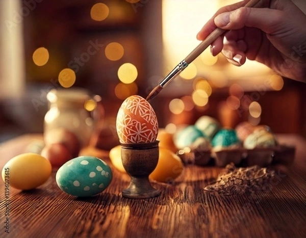 Fototapeta Painting Easter eggs. Woman's hands paint eggs for Easter day. Preparing for Easter.