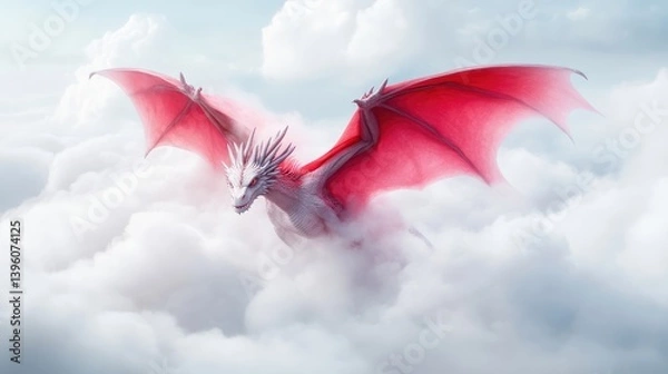 Obraz Majestic white dragon soars amidst fluffy clouds, vibrant pink wings