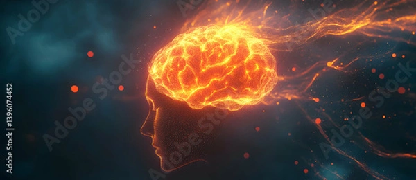 Fototapeta Burning brain with head in profile dark background