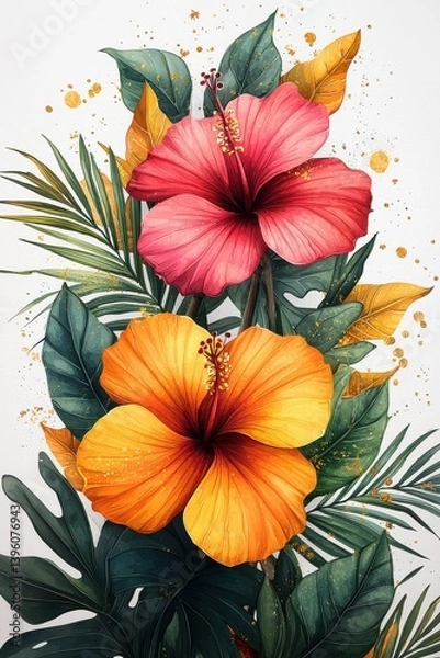 Fototapeta Vibrant hibiscus flowers surrounded by tropical leaves in vivid artistic design