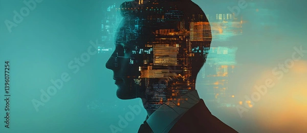 Fototapeta Man silhouette with digital circuit board overlay