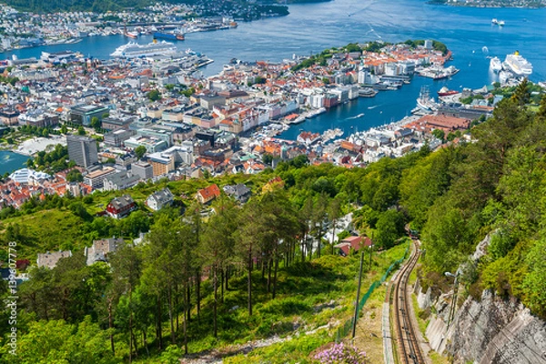 Fototapeta Town of Bergen seen from the mountain of Floyen. The Floibanen is a funicular railway and connects the city centre with the mountain of Floyen. Norway.