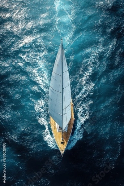 Fototapeta A single sailboat navigating calm blue waters in a breathtaking aerial view