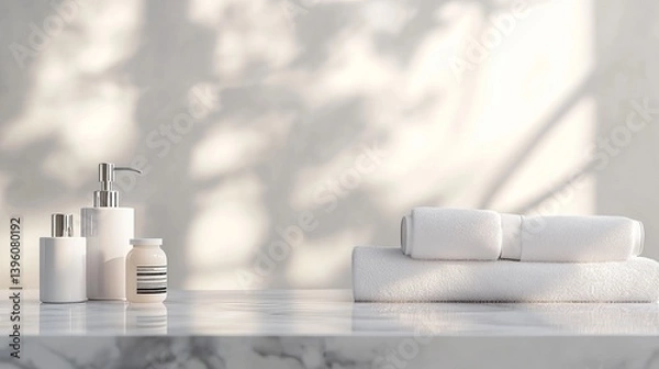 Obraz A minimalist bathroom scene features a white marble tabletop with toiletries.  The background is blurred, leaving ample copy space. 3D rendered image.
 