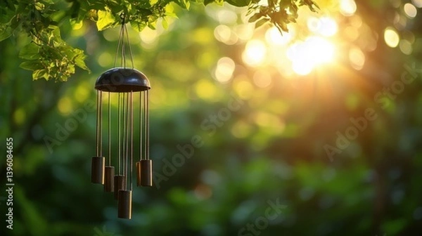 Fototapeta A wind chime gently swaying with soft light in the background, symbolizing peace and relaxation.