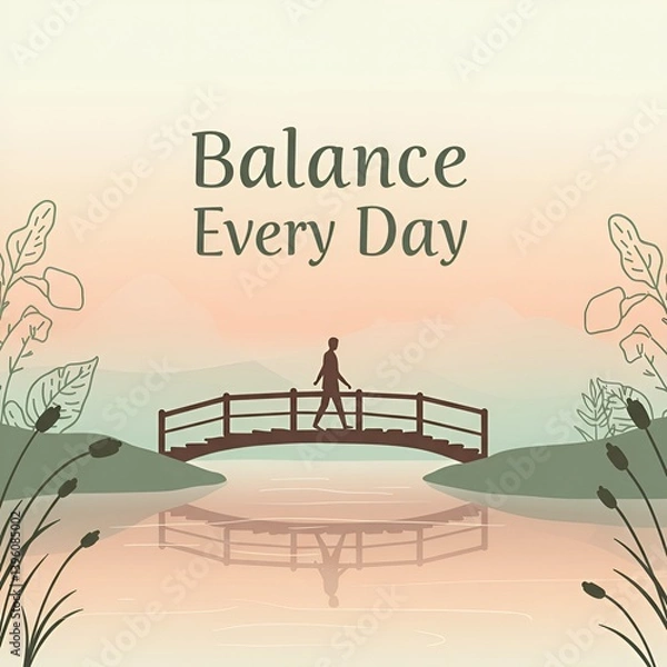 Obraz Balance Every Day quote with person walking on bridge at sunset