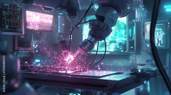 Fototapeta Advanced robotic arm engaging in precision work, creating vivid sparks in a high-tech laboratory filled with screens and holographic displays