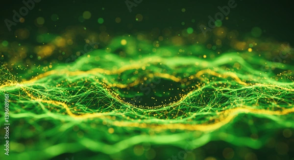 Fototapeta A vibrant green and gold energy field pulsating with life, a mesmerizing dance of light and connection in a dark, deep space.