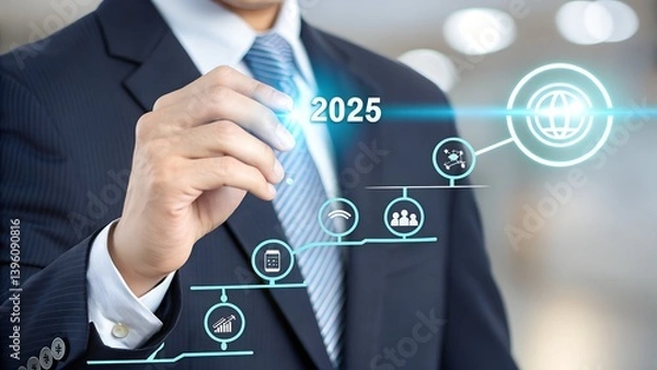 Fototapeta 2025 New Year Business Goals Concept. Businessmen point to "2025" on a staircase, steps toward achieving business goals, growth, and success in the new year. Planning and challenge, investors target