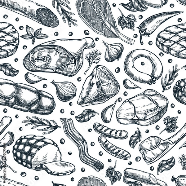 Fototapeta Meat products seamless pattern. Vector sketch illustration of salami, ham, sausages. Butcher shop design elements