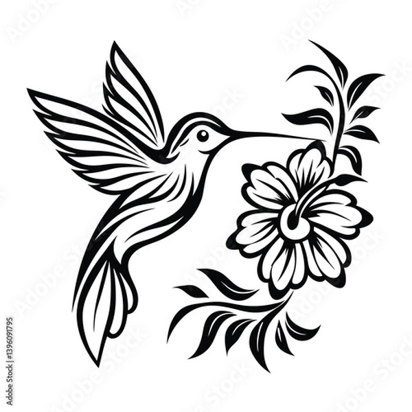 Obraz Isolated Hummingbird with Open Wings Flying Near Flower, Black and White Line Art