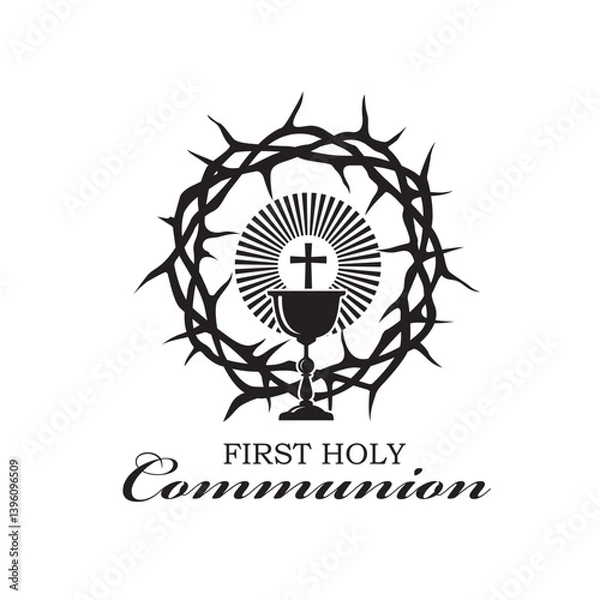 Fototapeta black holy communion icon with chalice and thorn crown isolated on white background