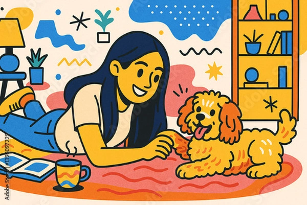 Obraz Woman Relaxing with Her Adorable Puppy at Home